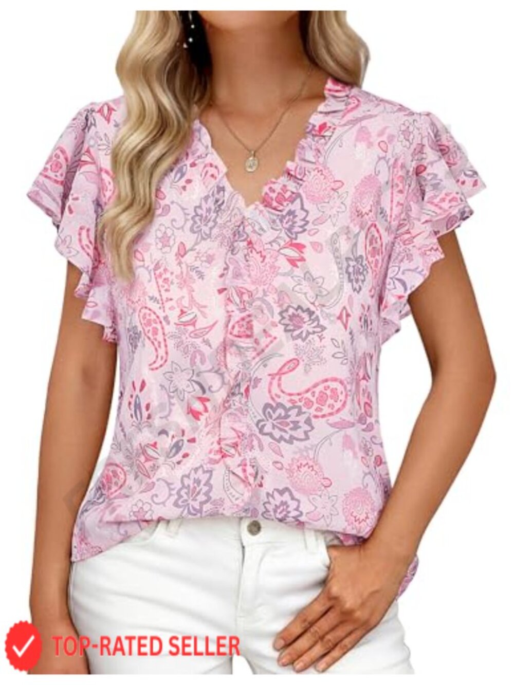 Womens Boho Ruffle Sleeve V-Neck Chiffon Blouse Dressy Casual Top